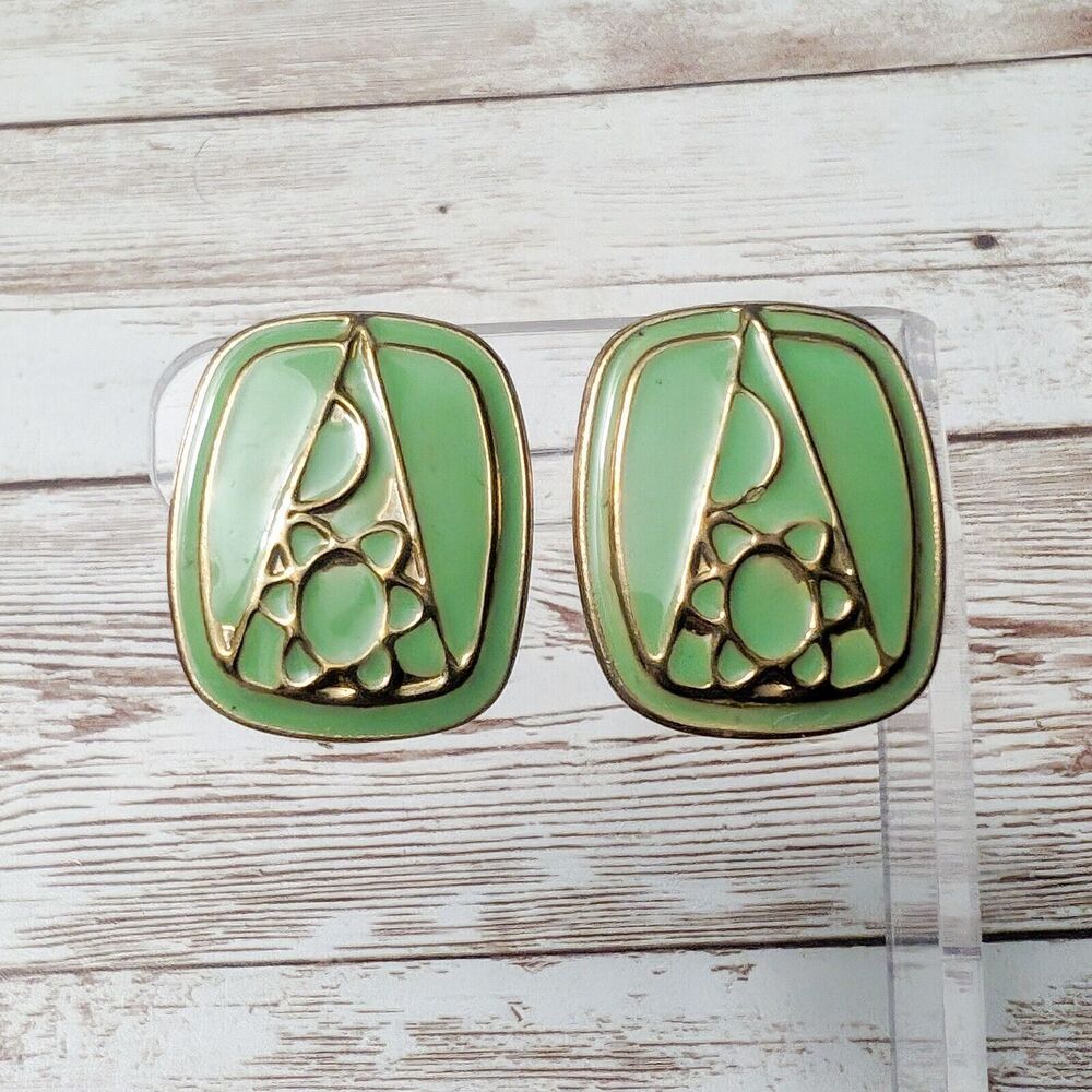 Vintage Clip On Earrings - Green Geometric Pattern 1.25"